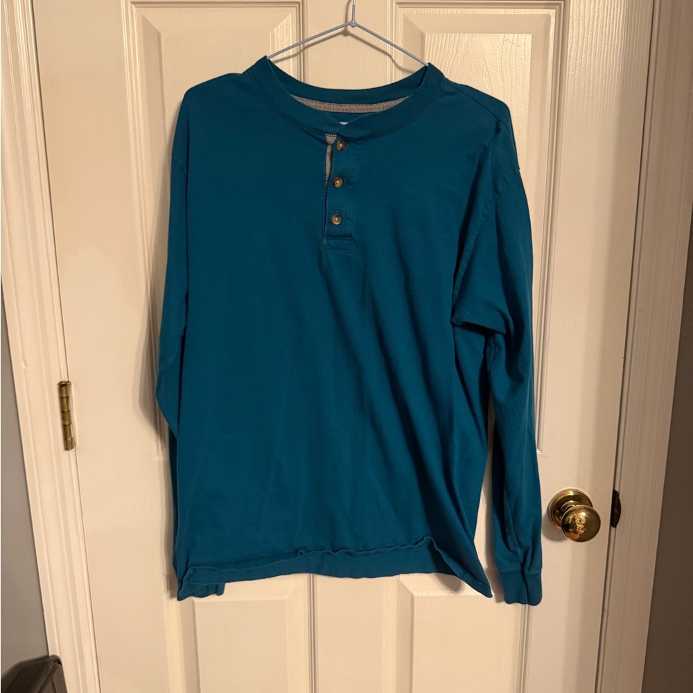 Hanes Teal Long Sleeve Beefy Henley T-shirt, Men’s Medium